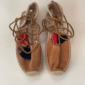 Soludos Tan Espadrilles with Red and Blue Tassels